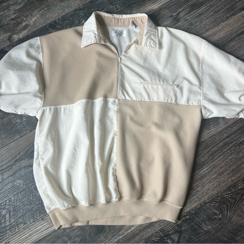 Vintage 70s 80s Men’s Color Block Two-Tone Beige and Cream 1/4 Zip Collar Large
